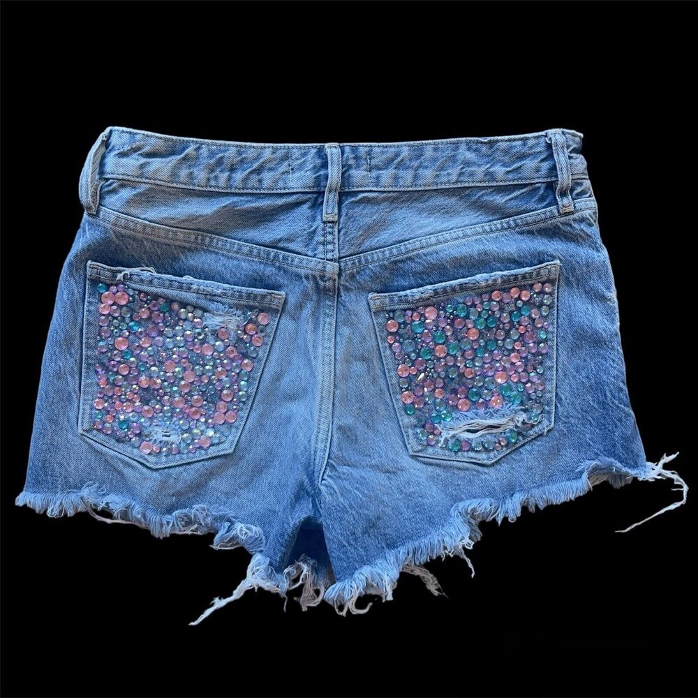 Free People Light Blue Denim Jean Shorts with Pink & Teal Embellishments
